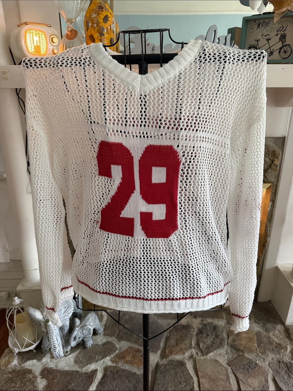 White Open-Knit Sweater with Red '29' Graphic